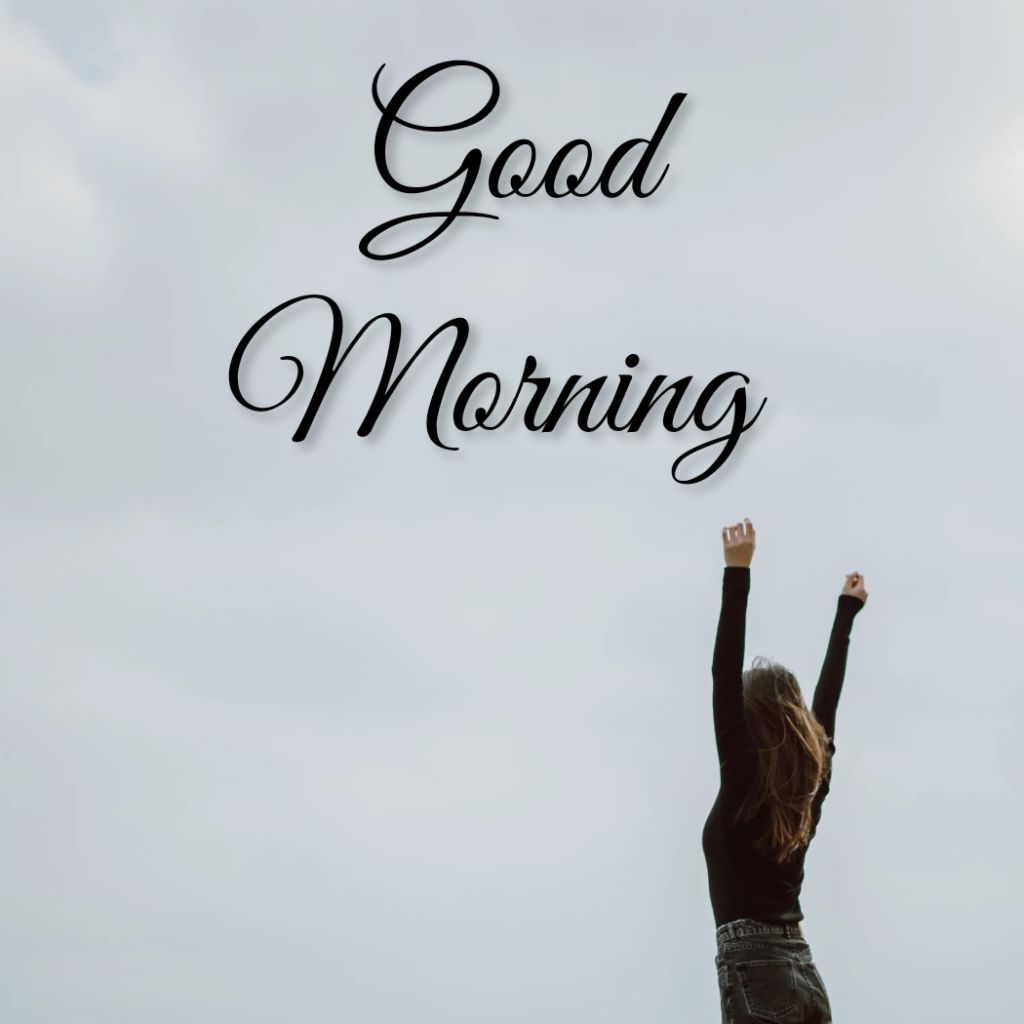 little girl stretches her hand with good morning word.