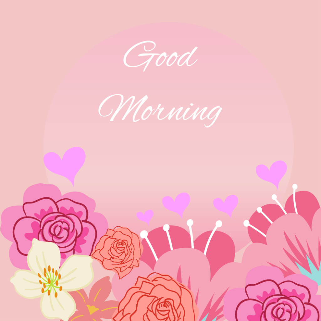 Good morning white color word on pink background with pink and purple flowers.